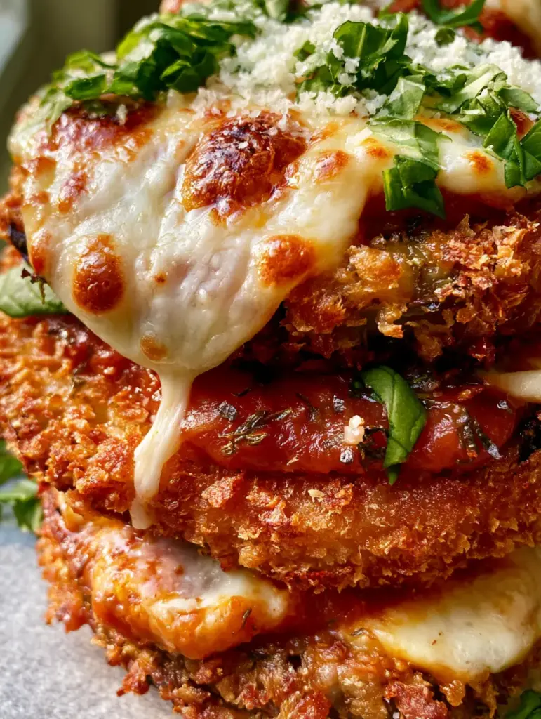 Close-up of toasted mozzarella spots and fresh basil on an Oven Baked Eggplant Parmesan stack.