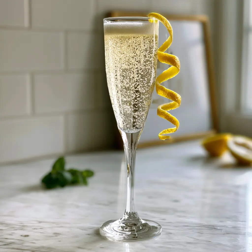 A frosted crystal flute filled with a French 75 cocktail, showing condensation droplets and a mint garnish on a marble kitchen surface.
