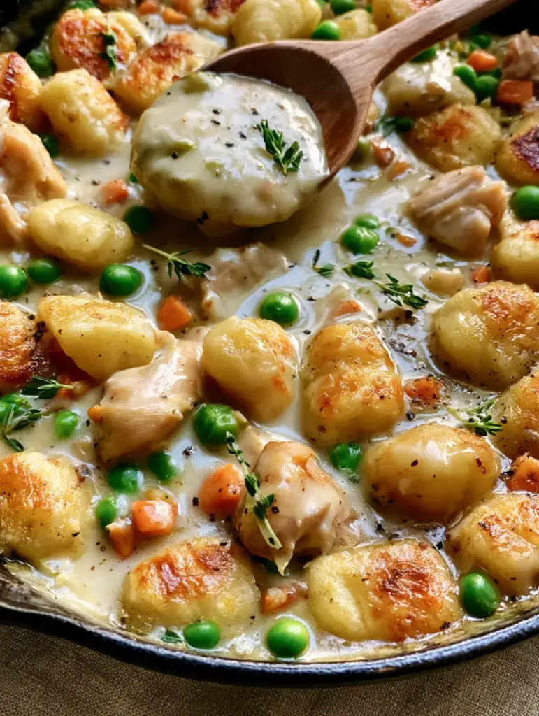 A wooden spoon lifting a creamy portion of chicken and gnocchi pot pie from a cast iron skillet.
