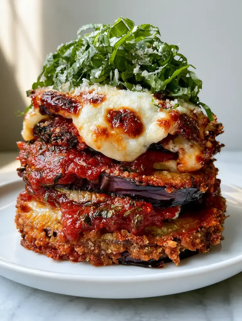 Eggplant Parmesan with Extra Crispy Panko Crust and Bubbling Mozzarella 1 Close-up of melted mozzarella cheese with charred golden-brown spots on a stack of Eggplant Parmesan.