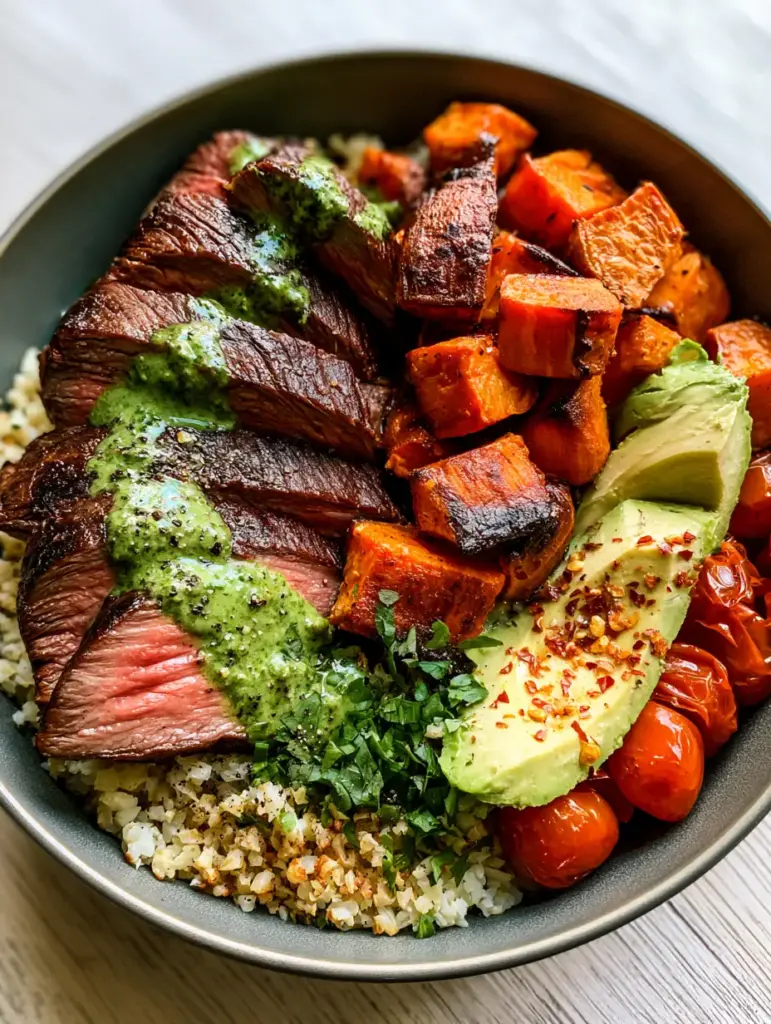 Whole30 Meals: The Ultimate Seared Steak & Chimichurri Power Bowl 2 Close-up macro shot of seared grass-fed flank steak with a tender pink center and charred crust. (Whole30 meals)