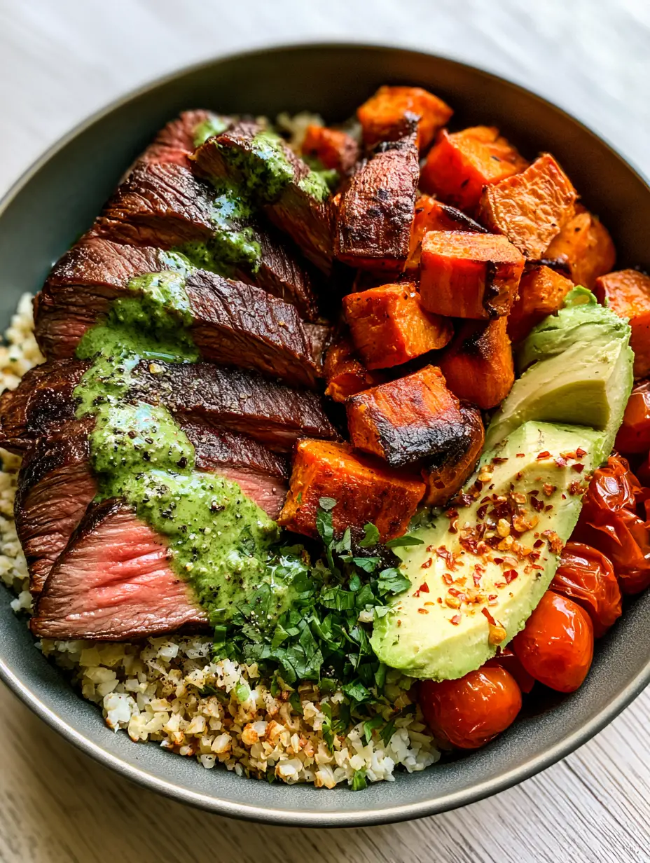 Whole30 Meals: The Ultimate Seared Steak & Chimichurri Power Bowl 3 Close-up macro shot of seared grass-fed flank steak with a tender pink center and charred crust. (Whole30 meals)