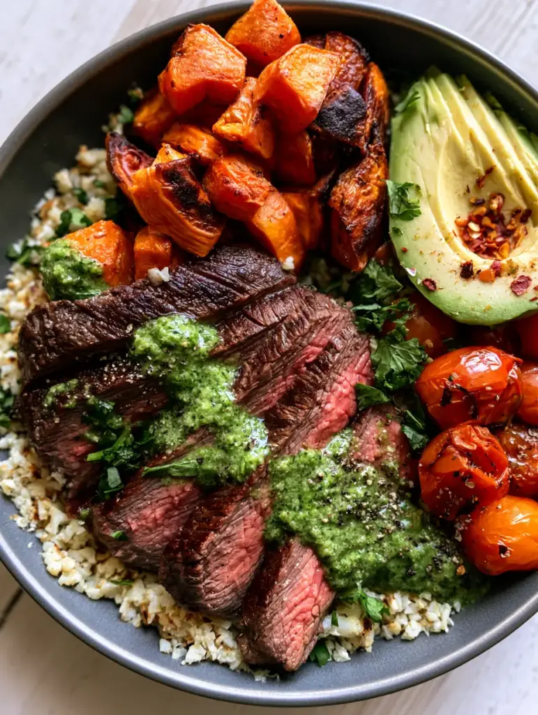 Whole30 Meals: The Ultimate Seared Steak & Chimichurri Power Bowl 1 A top-down view of a matte charcoal bowl filled with cauliflower rice, roasted sweet potatoes, and blistered tomatoes.