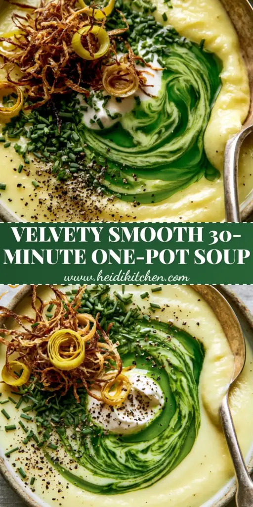 A rustic bowl of creamy pale yellow soup garnished with emerald chive oil and crispy frizzled leeks. (potato leek soup recipe)