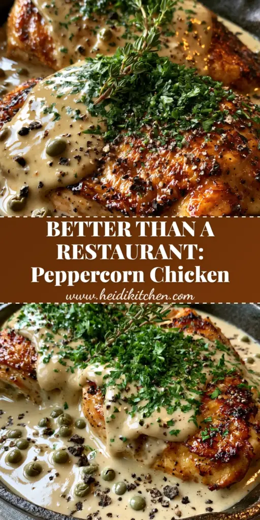 Chicken au poivre: The Ultimate Skillet-Seared French Classic 3 A rustic black cast iron skillet featuring two golden-brown pan-seared chicken breasts drenched in a thick, glossy beige cream sauce with whole green peppercorns and parsley. (Chicken au poivre)