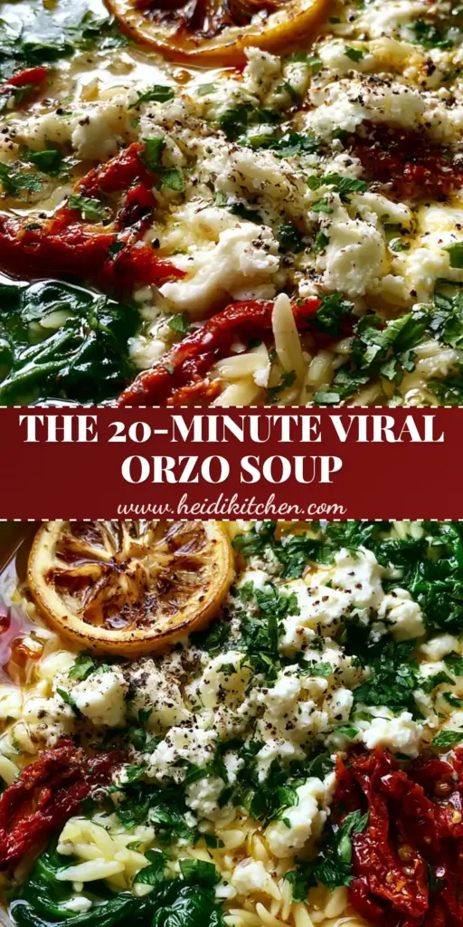 A shallow ceramic bowl of mediterranean orzo soup featuring golden broth, wilted spinach, sun-dried tomatoes, and feta crumbles on a linen tablecloth.