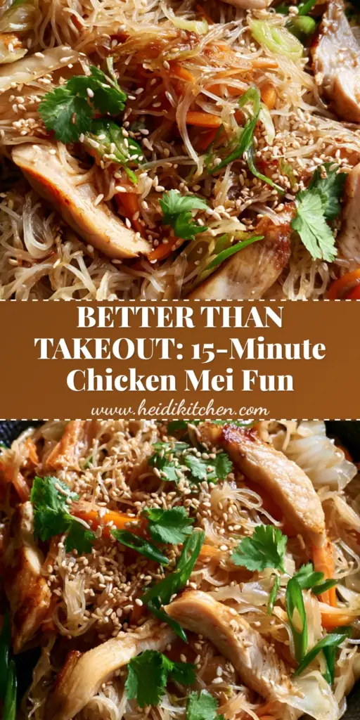 Chicken Mei Fun: The Ultimate Guide to Perfect Silk-Thin Stir-Fried Noodles 4 A top-down shot of a steaming bowl of Chicken Mei Fun in a matte black ceramic bowl, featuring glossy vermicelli noodles and seared chicken.