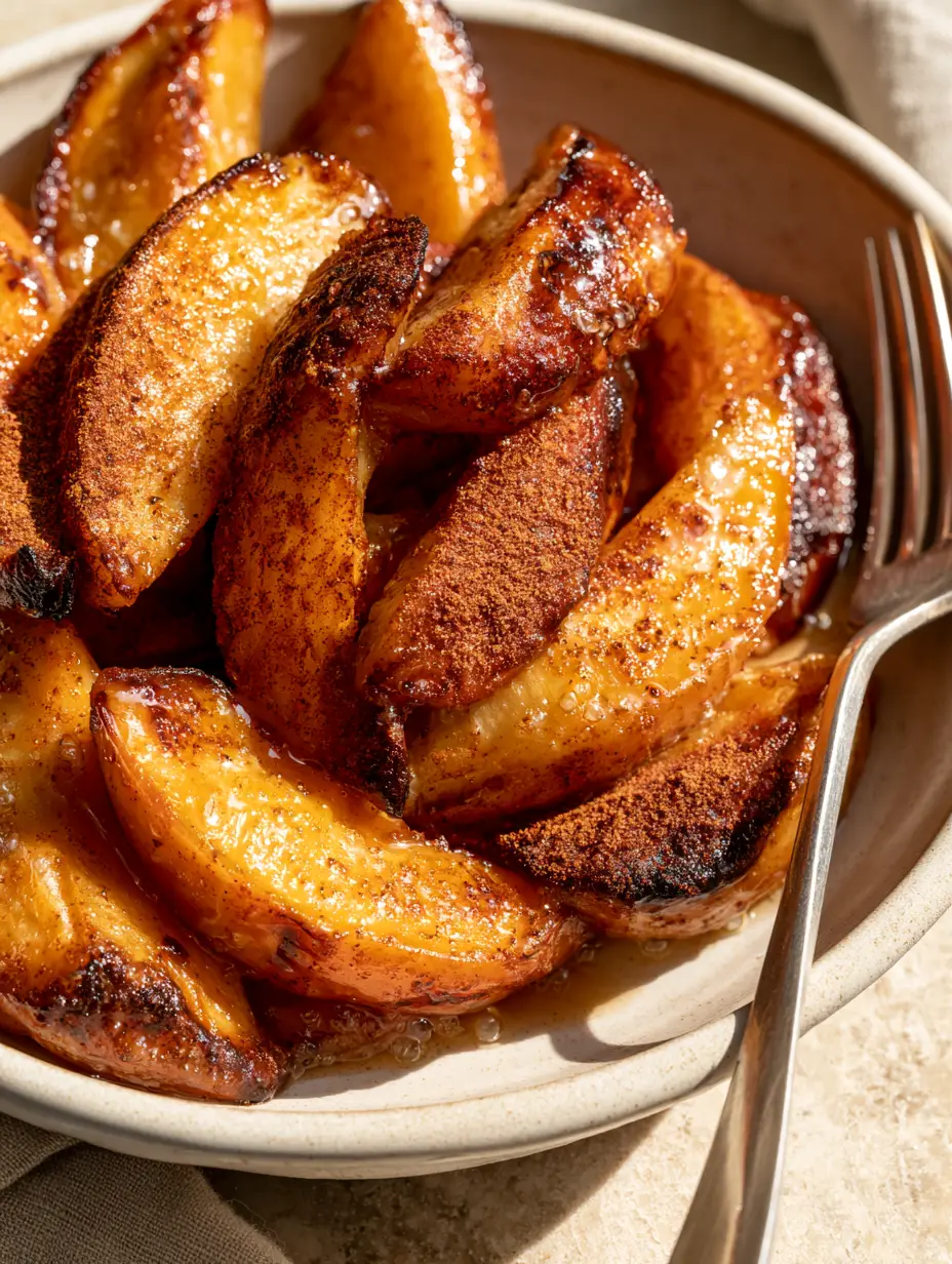 Macro shot of air fryer cinnamon apples showing bubbling juice and shimmering natural syrup on caramelized wedges.