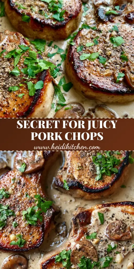 Pork Chop Supreme: The Ultimate Creamy Mushroom Cast Iron Skillet Guide 4 A top-down smartphone photo of three golden-brown Pork Chop Supreme servings in a cast iron skillet with ivory mushroom sauce.
