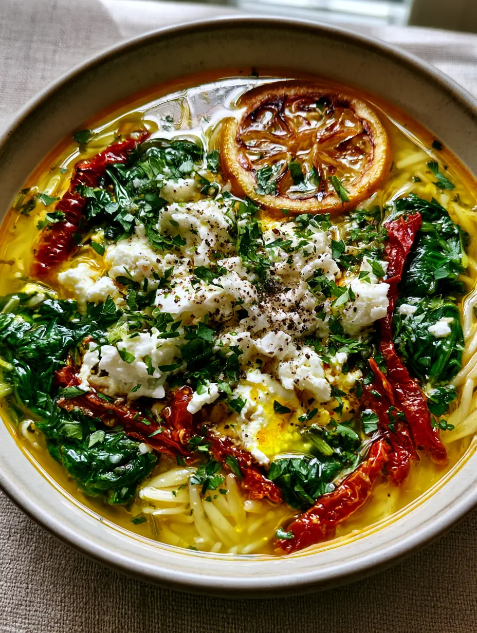 A handheld smartphone photo of a shallow bowl of mediterranean orzo soup with a translucent golden broth and fresh herbs.