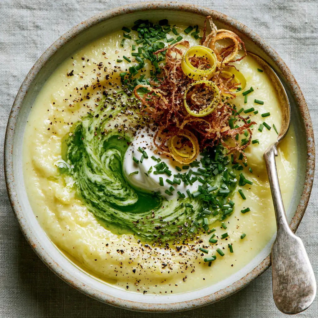 Overhead view of a matte ceramic bowl filled with buttery yellow soup and fresh chive garnish.