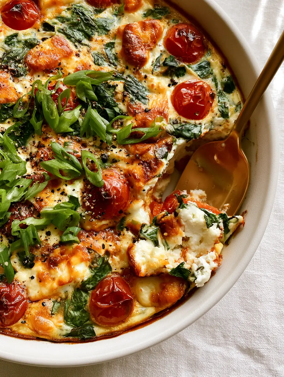 Spinach Feta Egg Bake: The Ultimate Mediterranean Brunch Masterpiece 3 Extreme close-up of a spinach feta egg bake showing toasted feta chunks and bright green scallion garnish.