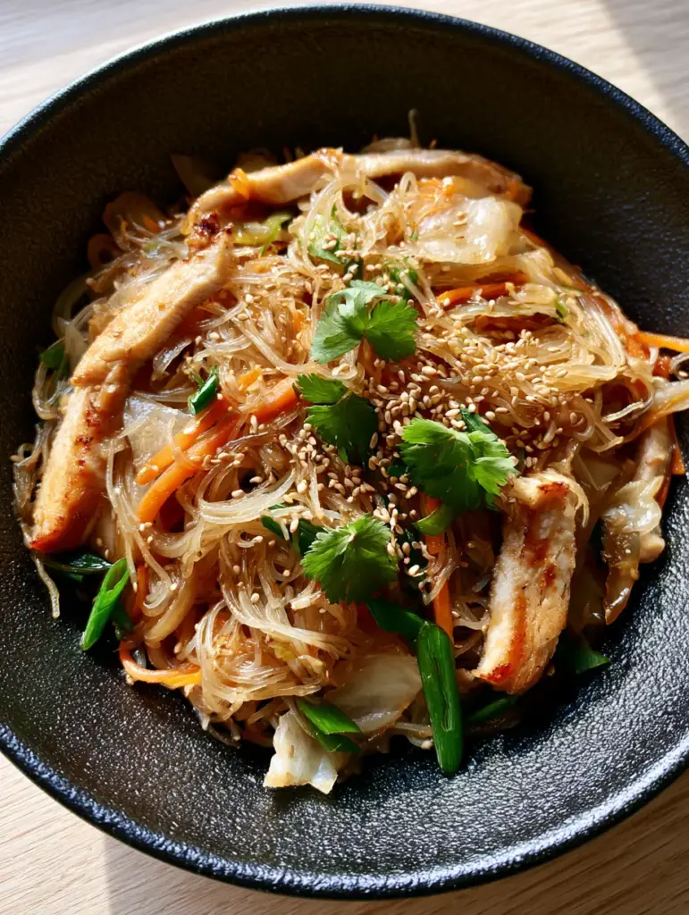 Chicken Mei Fun: The Ultimate Guide to Perfect Silk-Thin Stir-Fried Noodles 2 Macro shot of glossy, translucent rice vermicelli noodles tangled with julienned carrots and seared chicken in Chicken Mei Fun.