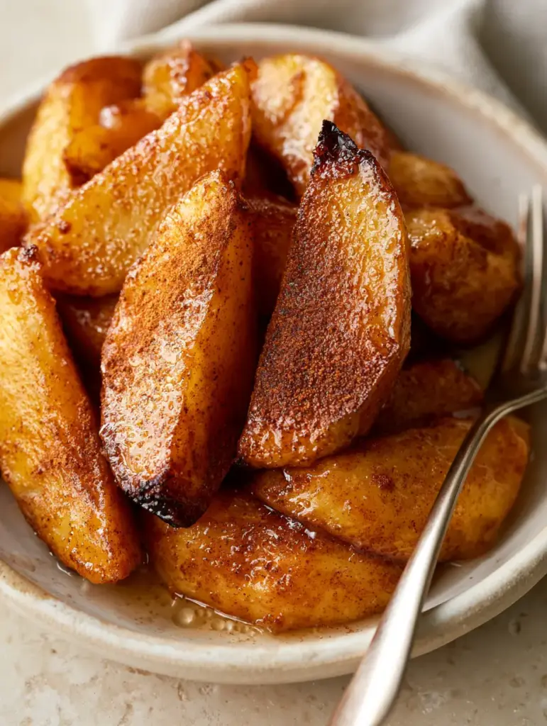 Extreme close-up of tender caramelized air fryer cinnamon apples with fine sea salt crystals catching the light.