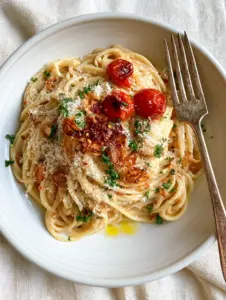 Top-down view of a white ceramic bowl filled with golden garlic butter spaghetti and fresh herbs (recipe ideas).