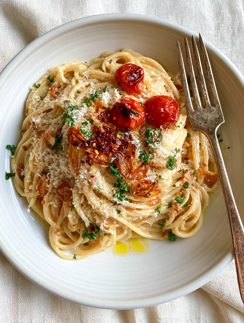 Top-down view of a white ceramic bowl filled with golden garlic butter spaghetti and fresh herbs (recipe ideas).