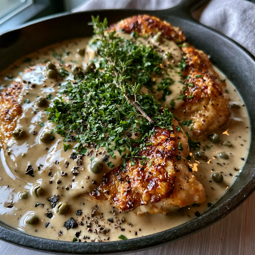 Chicken au poivre: The Ultimate Skillet-Seared French Classic 1 Overhead shot of Chicken au poivre in a cast iron pan with fresh thyme and whole green peppercorns in a beige sauce.