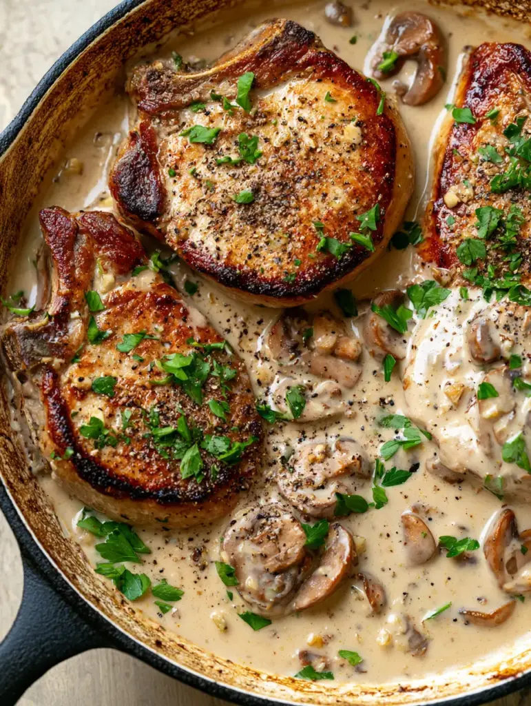 Pork Chop Supreme: The Ultimate Creamy Mushroom Cast Iron Skillet Guide 2 Close up view of the dark brown sear on a Pork Chop Supreme resting in a thick mushroom cream sauce.