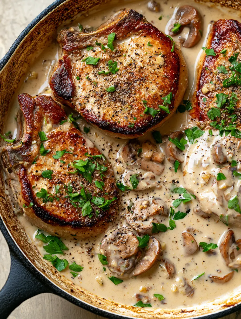 Pork Chop Supreme: The Ultimate Creamy Mushroom Cast Iron Skillet Guide 3 Close up view of the dark brown sear on a Pork Chop Supreme resting in a thick mushroom cream sauce.