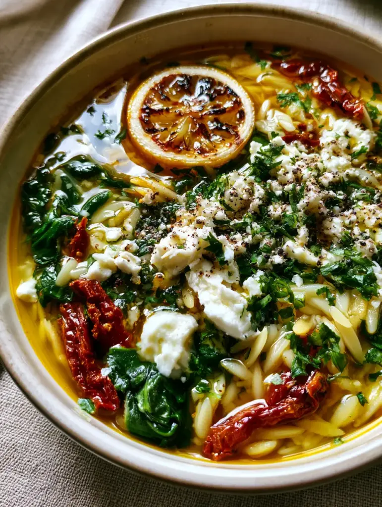 Close-up macro photography of mediterranean orzo soup showing a charred lemon wheel and cracked black pepper.