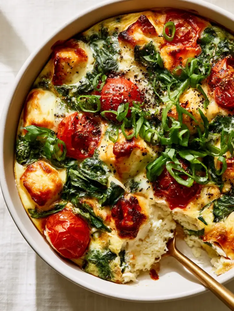 Spinach Feta Egg Bake: The Ultimate Mediterranean Brunch Masterpiece 1 A scoop of spinach feta egg bake removed with a gold spoon revealing a moist and airy interior cross-section.