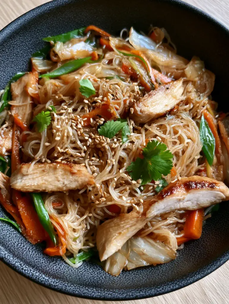 Chicken Mei Fun: The Ultimate Guide to Perfect Silk-Thin Stir-Fried Noodles 1 A close-up view of shimmering soy-glazed noodles garnished with white sesame seeds and fresh cilantro leaves.