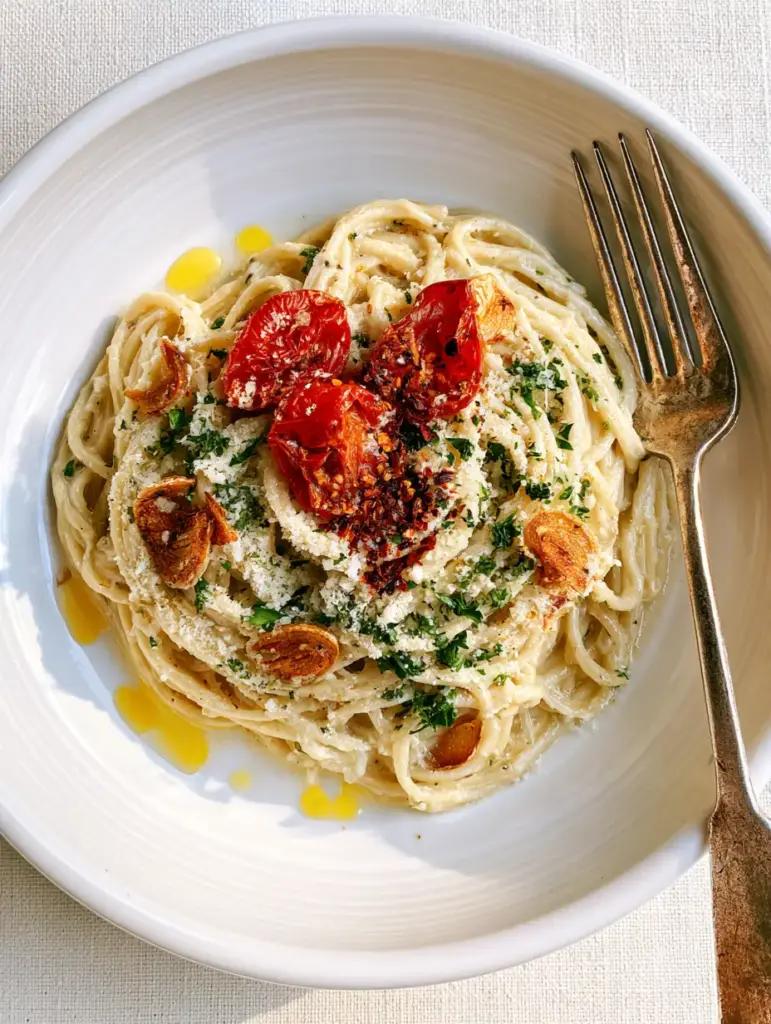 Close up of blistered cherry tomatoes and toasted garlic chips on top of creamy spaghetti (recipe ideas).