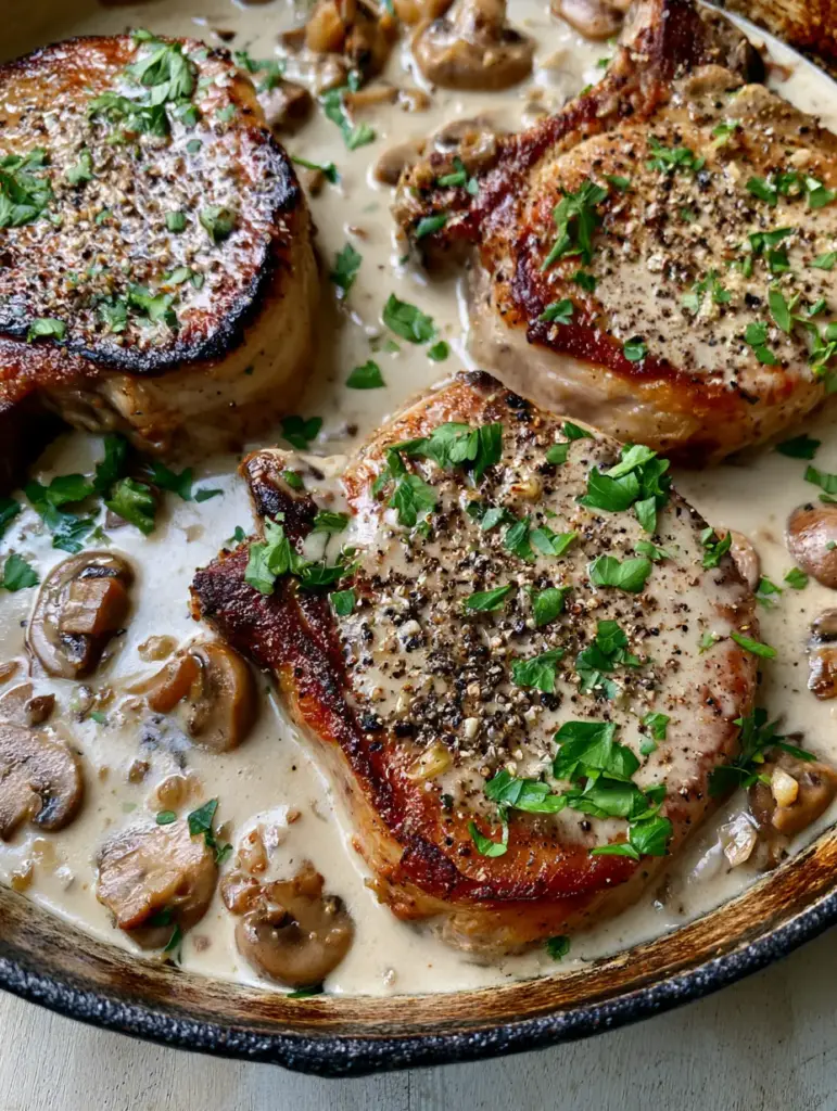 Pork Chop Supreme: The Ultimate Creamy Mushroom Cast Iron Skillet Guide 1 A rustic cast iron skillet filled with Pork Chop Supreme, garnished with vibrant green parsley and cracked black pepper.