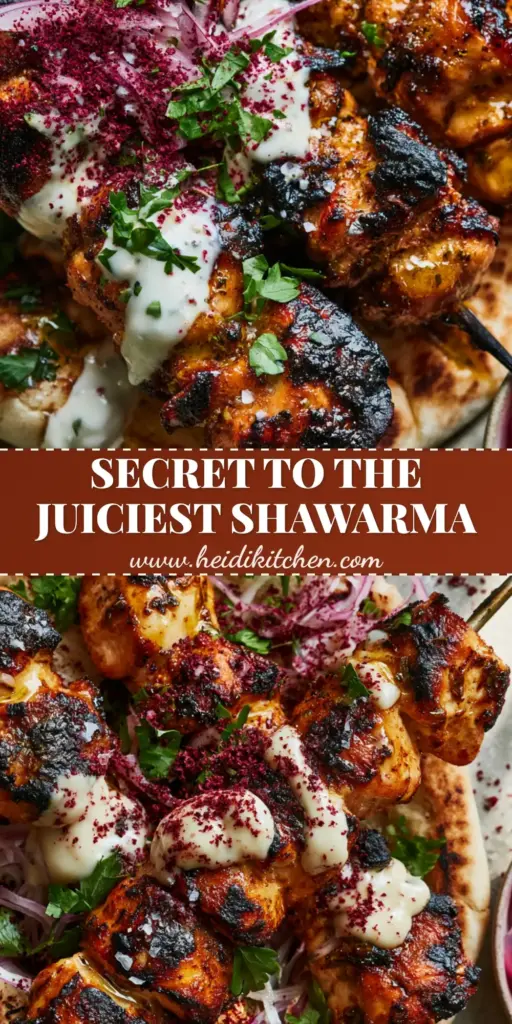 A close-up of three grilled Chicken Shawarma Skewers with charred edges on warm pita bread, drizzled with white garlic sauce and garnished with pink turnips. (Chicken Shawarma Skewers)