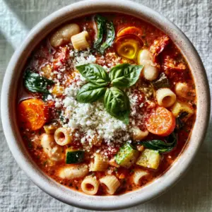 Close-up of minestrone soup showing chunks of fire-roasted tomatoes, zucchini, and creamy cannellini beans.