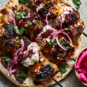 Top-down view of golden-brown Chicken Shawarma Skewers with glistening lemon-herb oil and fresh parsley on a gray countertop. (Chicken Shawarma Skewers)