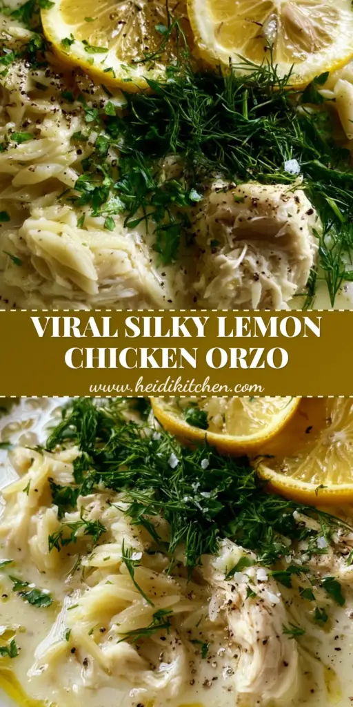 A top-down view of a white bowl filled with creamy ivory chicken orzo soup, garnished with lemon wheels, fresh dill, and golden olive oil droplets. (chicken orzo soup)