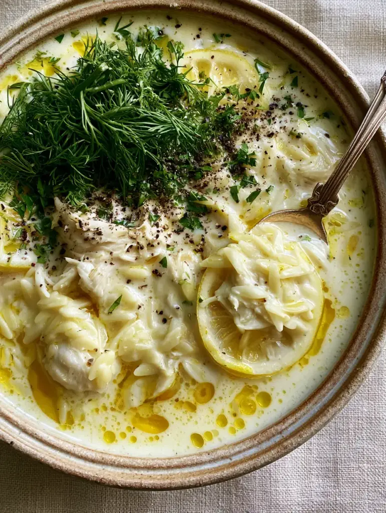 Lemon Chicken Orzo Soup: The Ultimate Silky Mediterranean Comfort Bowl 2 Vertical overhead shot of lemon chicken orzo soup with visible golden olive oil droplets and fresh herbs. (lemon chicken orzo soup)