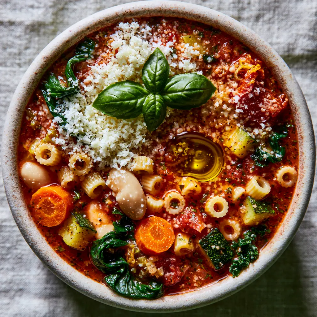 A rustic white bowl of minestrone soup topped with fluffy parmesan cheese and fresh basil leaves.