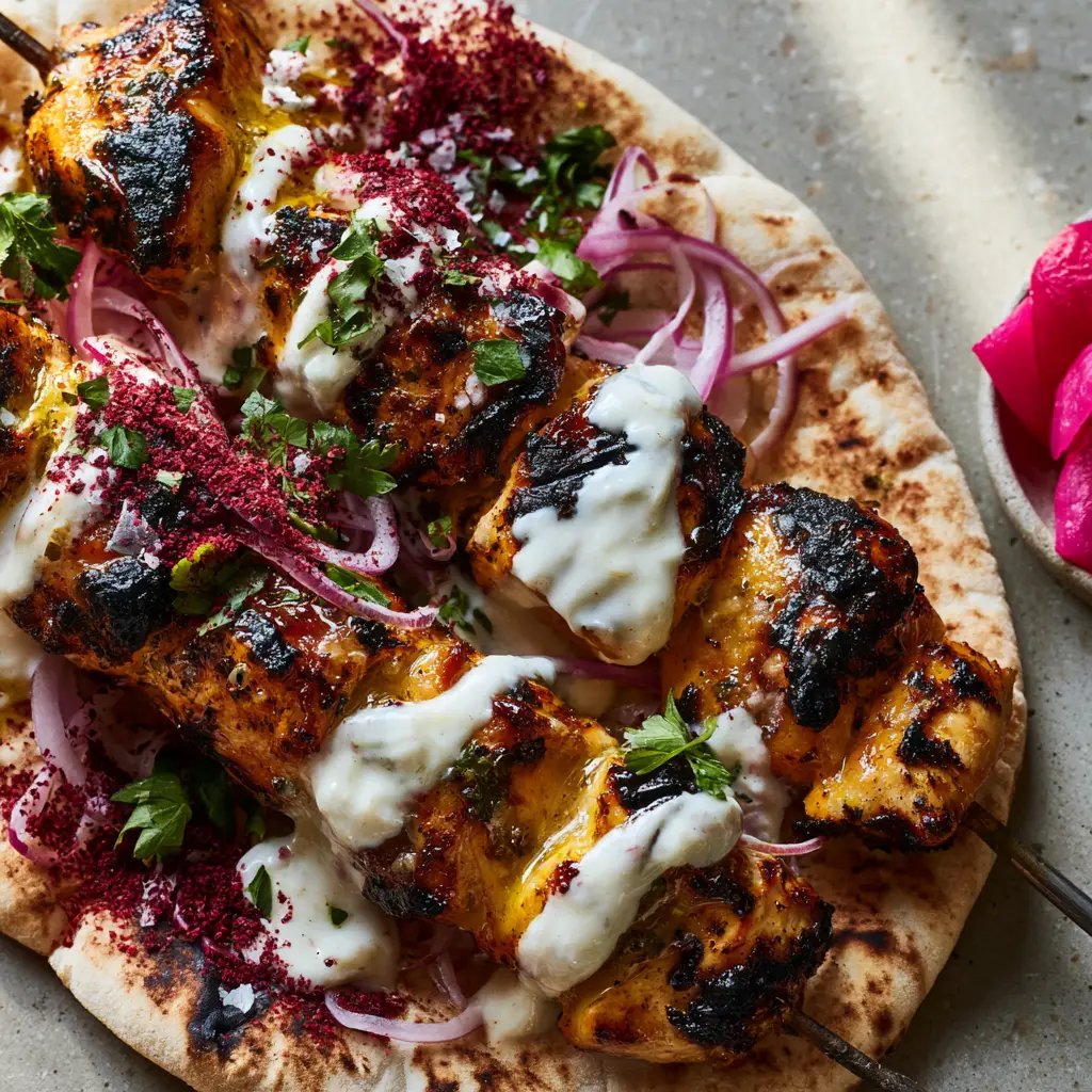 A 45-degree angle shot of chicken skewers on charred pita with ultra-thinly sliced red onions and vibrant pink pickled turnips.