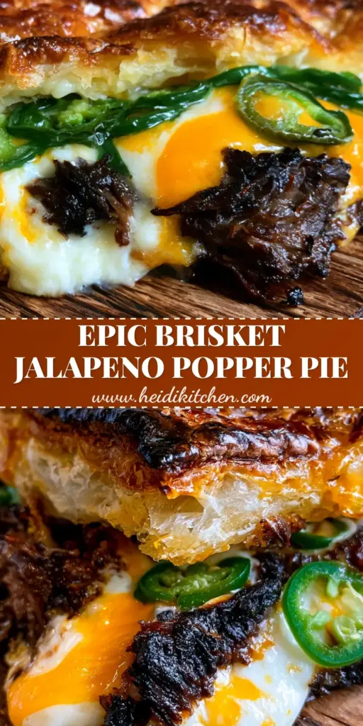 Spicy Brisket Jalapeño Pie with a Shattered-Glass Puff Pastry Crust 4 A close-up vertical shot of a Spicy Brisket Jalapeño Pie slice showing the shattered-glass puff pastry and oozing cheddar brisket filling.