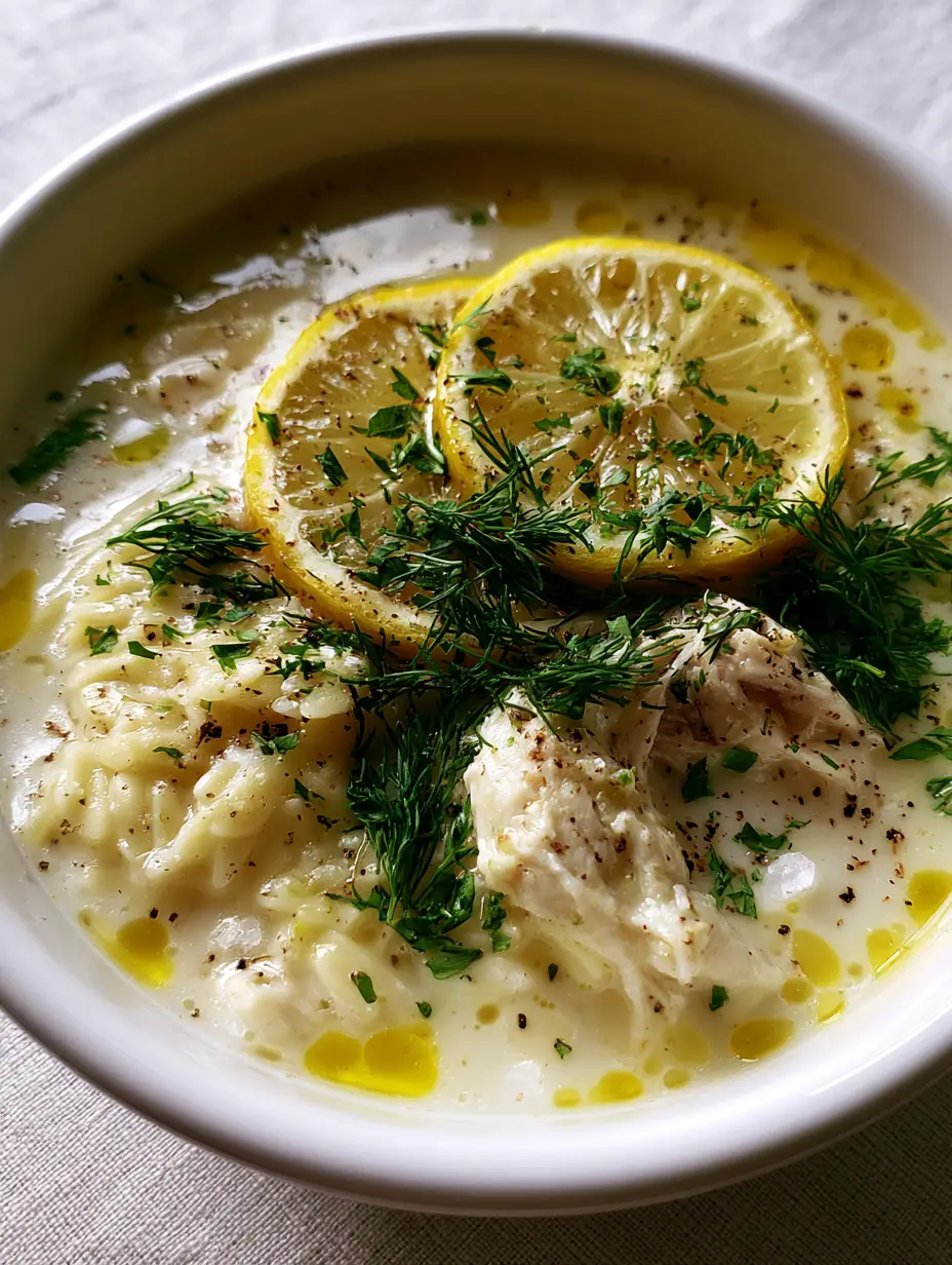 Close-up of succulent shredded chicken and al dente orzo in a creamy lemon broth with cracked black pepper. (chicken orzo soup)