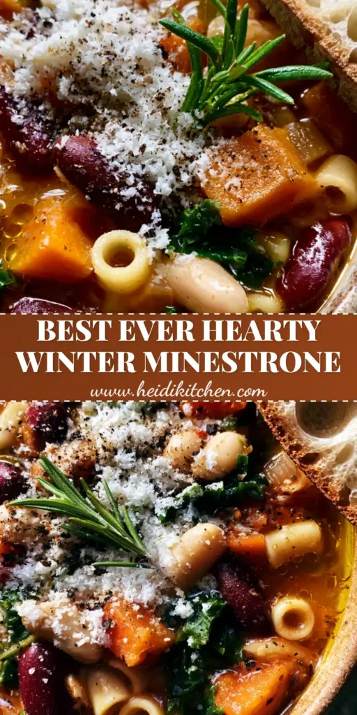Winter Minestrone Soup: A Hearty Tuscan-Style Vegetable Medley 4 A rustic bowl of Winter Minestrone Soup with beans, kale, and ditalini pasta on a stone background.