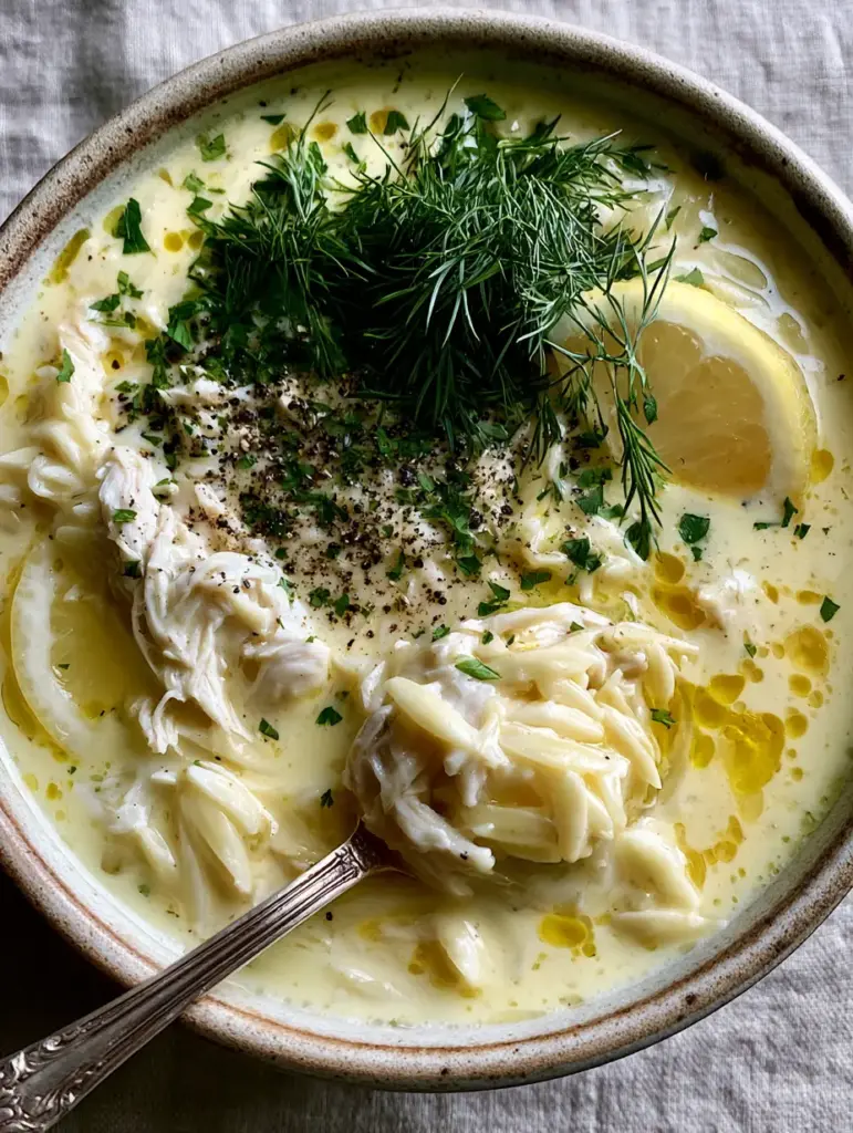 Lemon Chicken Orzo Soup: The Ultimate Silky Mediterranean Comfort Bowl 1 A silver spoon lifting a bite of tender pulled chicken and orzo from a creamy lemon broth.