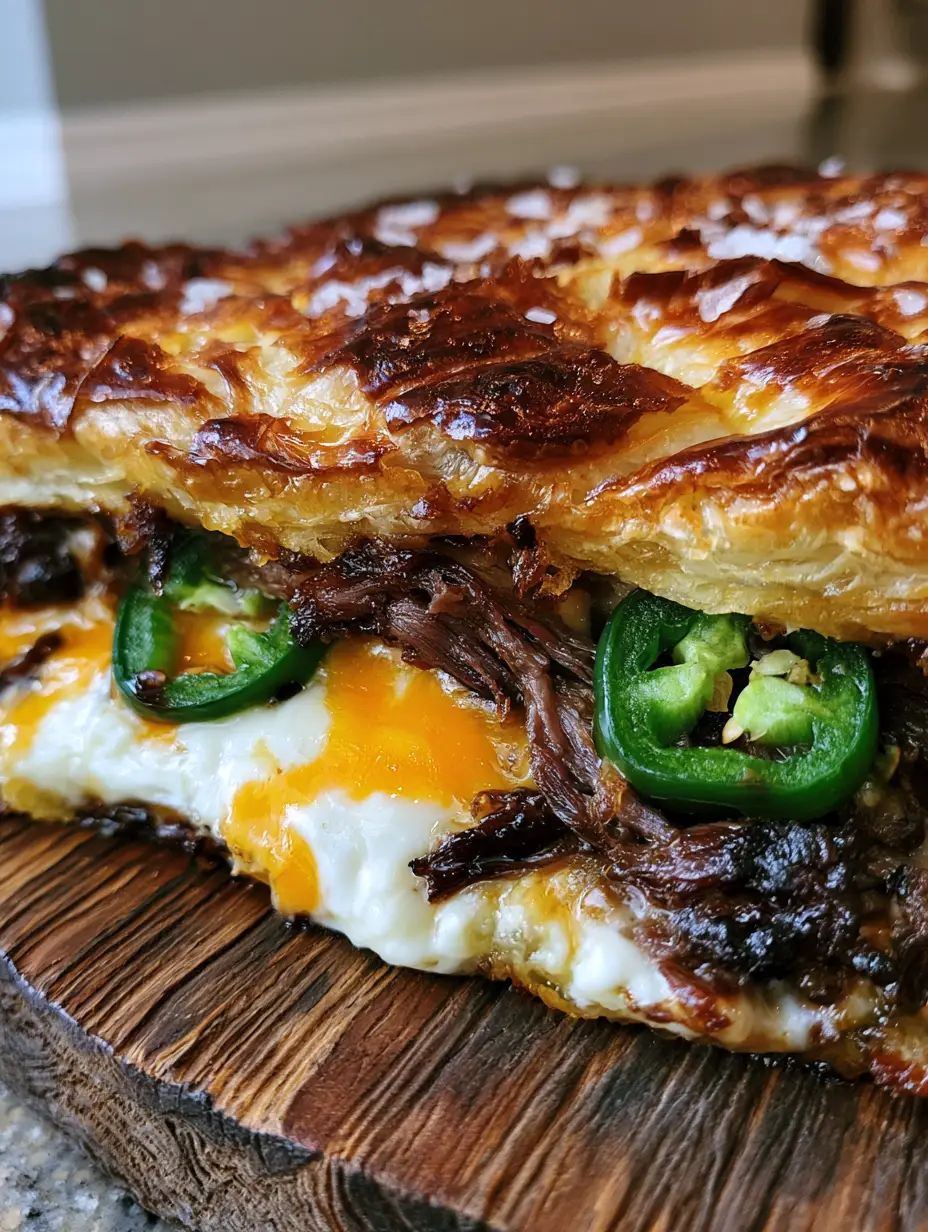 Spicy Brisket Jalapeño Pie with a Shattered-Glass Puff Pastry Crust 3 A smartphone-shot cross-section of Spicy Brisket Jalapeño Pie on a rustic wooden board, featuring steam and thick melted cheese.