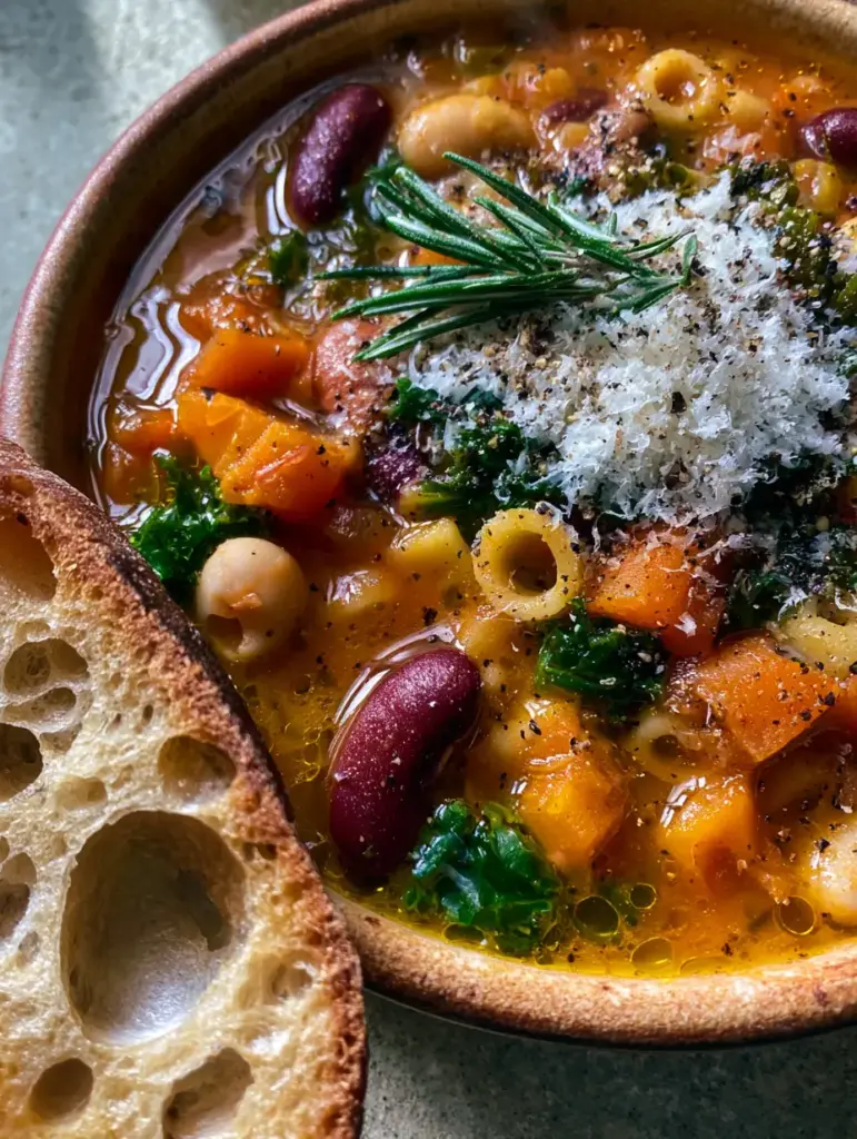 Winter Minestrone Soup: A Hearty Tuscan-Style Vegetable Medley 2 Top-down macro shot of Winter Minestrone Soup showing golden-orange broth and shimmering olive oil droplets.