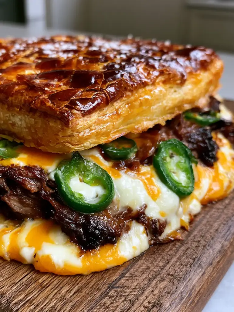 Spicy Brisket Jalapeño Pie with a Shattered-Glass Puff Pastry Crust 1 Glistening golden-brown crust of a Spicy Brisket Jalapeño Pie topped with blistered jalapeños and coarse sea salt.