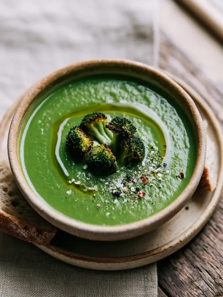 Broccoli Potato Soup: A Velvety Forest-Green Puree with Charred Florets 2 Top-down view of velvety broccoli potato soup with precise garnishes of charred florets and red chili flakes.