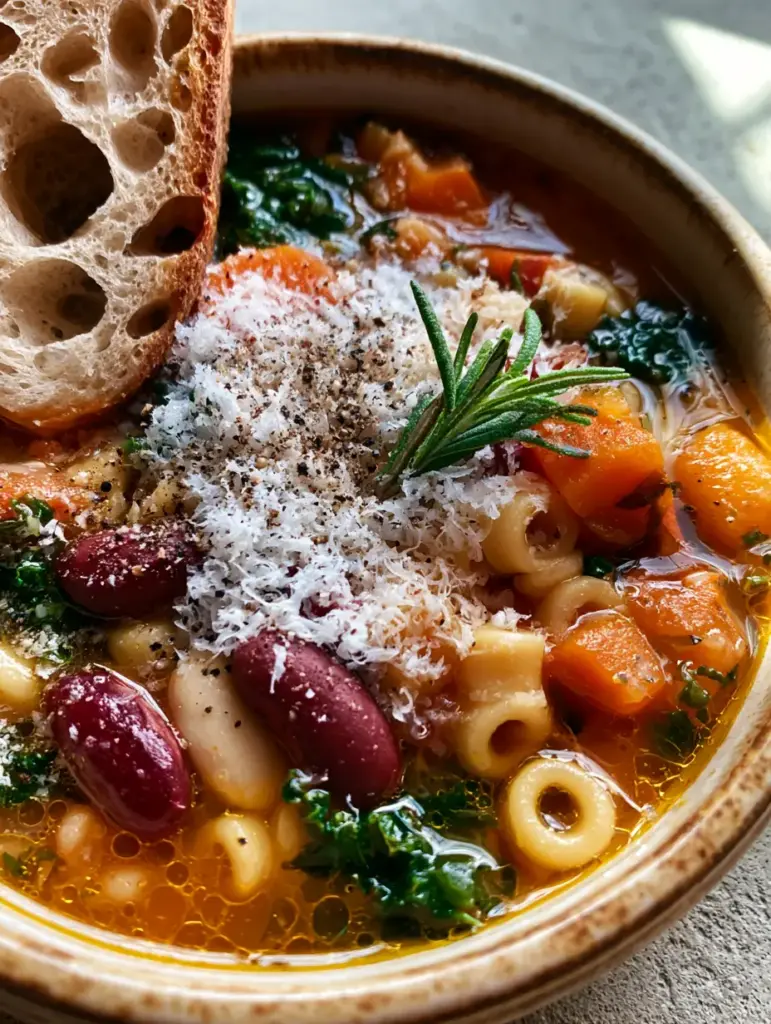 Winter Minestrone Soup: A Hearty Tuscan-Style Vegetable Medley 1 A 45-degree angle close-up of minestrone soup with a toasted sourdough bread slice resting on the ceramic bowl.