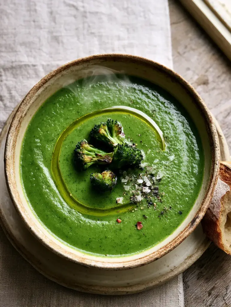 Broccoli Potato Soup: A Velvety Forest-Green Puree with Charred Florets 1 Close-up of charred broccoli florets and sea salt resting on a smooth green soup surface.