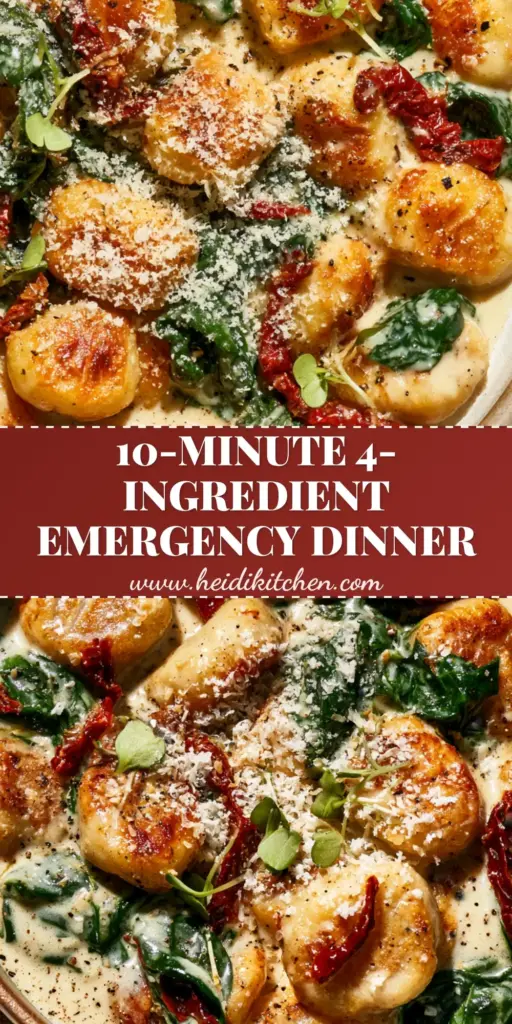 A top-down shot of golden-brown pan-seared gnocchi in a creamy garlic sauce with spinach and sun-dried tomatoes. (easy 4 ingredient recipe)