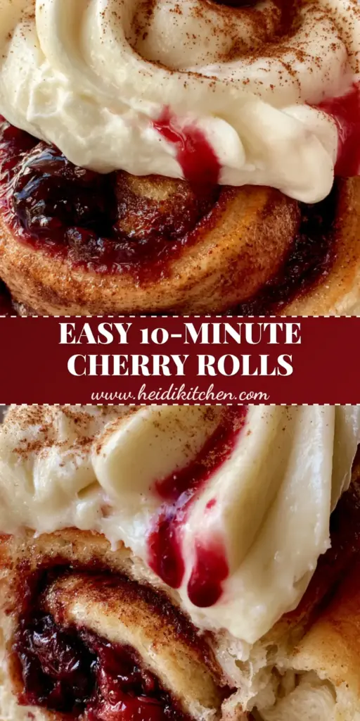 Cherry Cinnamon Rolls with Tart Filling and Velvet Cream Cheese Frosting 4 A vertical shot of a tray of golden-brown Cherry Cinnamon Rolls topped with thick cream cheese frosting and fresh cherries.