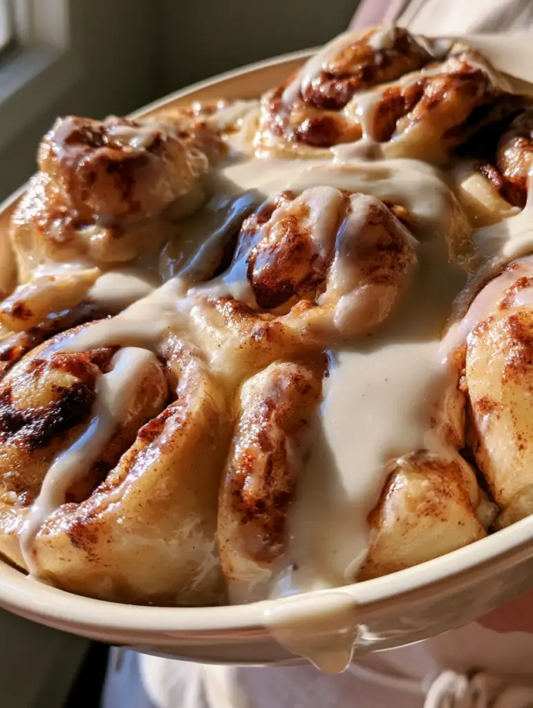 Cinnamon Roll Breakfast Bake with Heavy Cream Soak and Vanilla Bean Glaze 2 Close up shot of golden brown cinnamon rolls with thick white vanilla bean icing pooling in the crevices. (Cinnamon Roll Breakfast Bake)