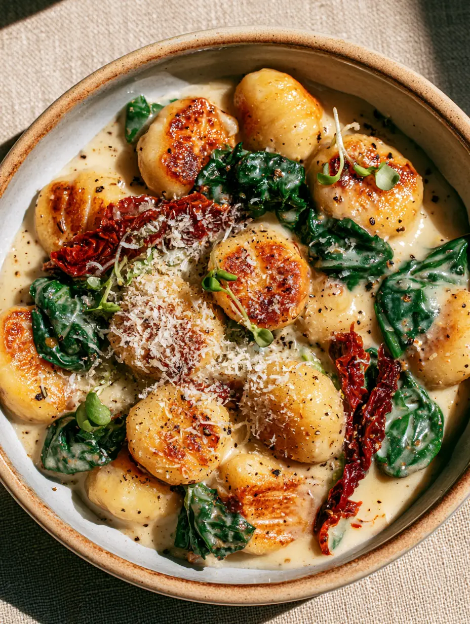 Close-up of golden potato gnocchi coated in thick cream sauce with black pepper flecks. (easy 4 ingredient recipe)