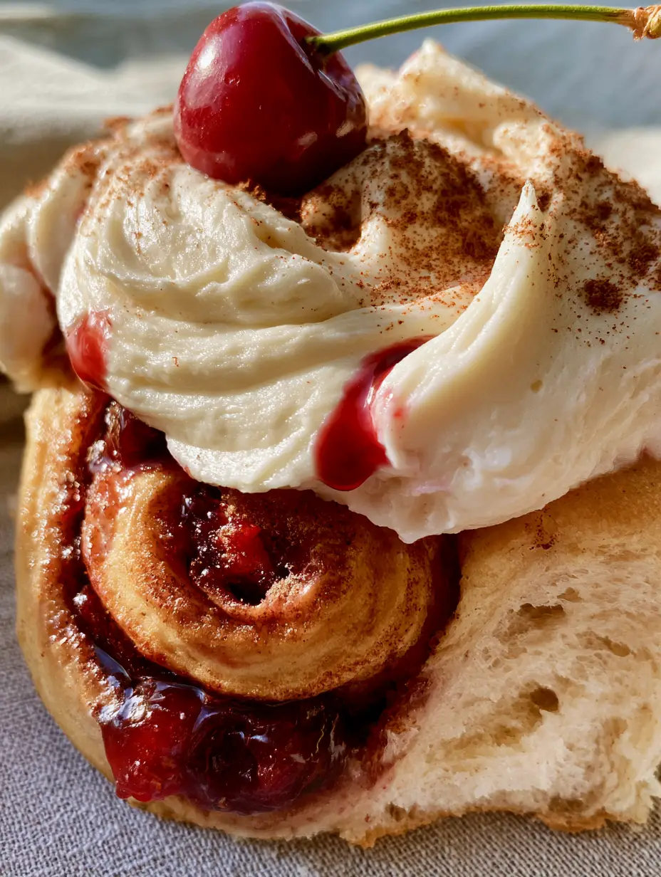 Cherry Cinnamon Rolls with Tart Filling and Velvet Cream Cheese Frosting 3 Extreme macro close-up of Cherry Cinnamon Rolls showing pull-apart dough, air pockets, and glossy cherry filling. (Cherry Cinnamon Rolls)